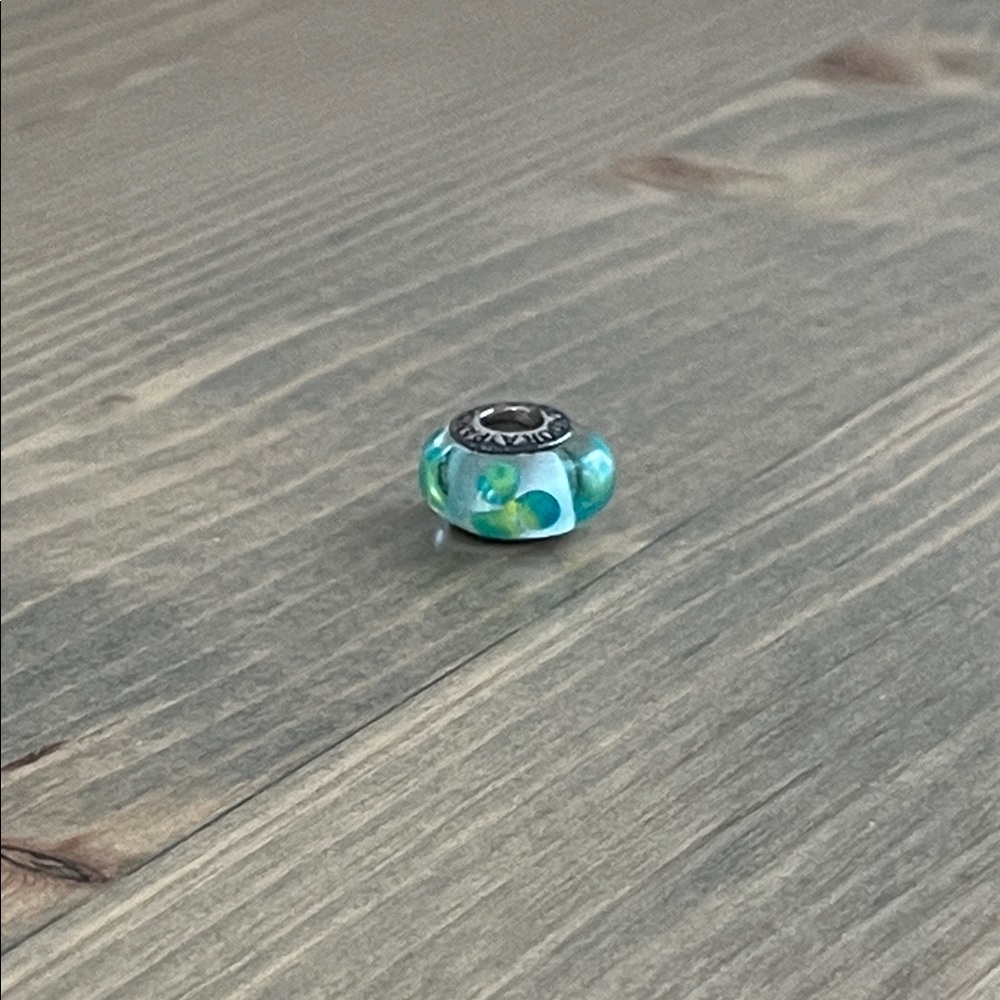 Retired Pandora Clear Teal Flowers Murano Glass Charm